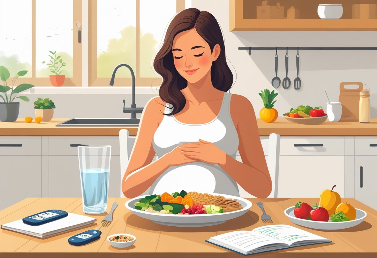 A pregnant woman sitting at a kitchen table with a healthy meal, holding a glass of water and gently touching her belly, with a glucose meter and notebook nearby.