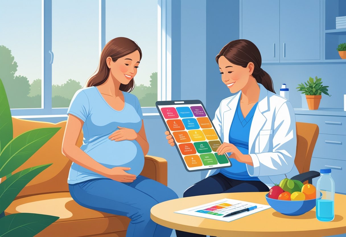 A pregnant woman talking with a healthcare professional who is showing her a healthy meal plan in a medical office.