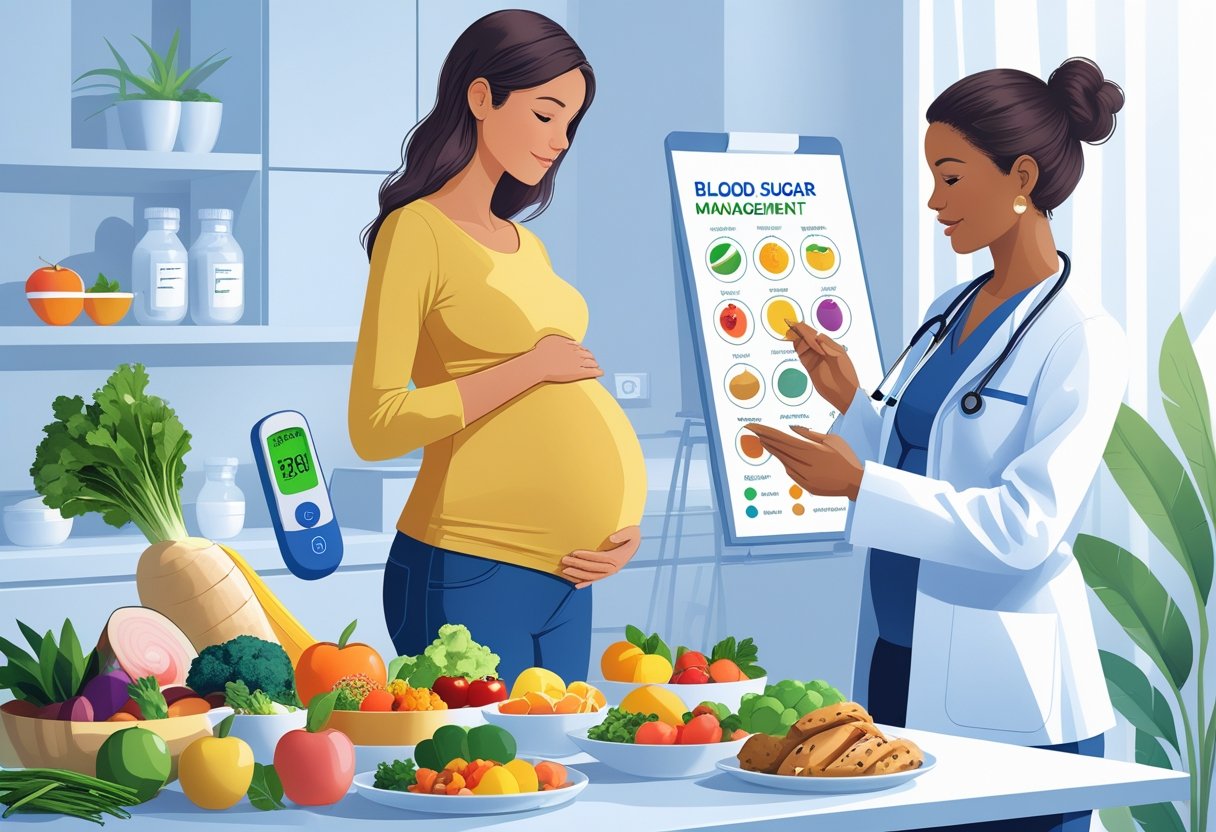 A pregnant woman holding her belly with healthy foods and a glucose meter nearby, while a healthcare professional explains dietary guidelines in a medical office.