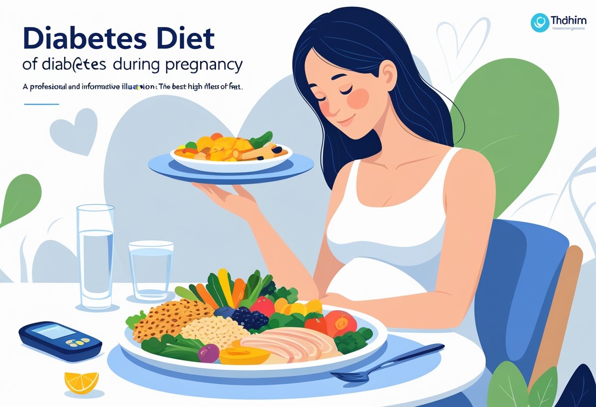 A pregnant woman sitting at a table with a balanced plate of healthy food including vegetables, grains, and protein, with a glass of water and a glucose monitor nearby.