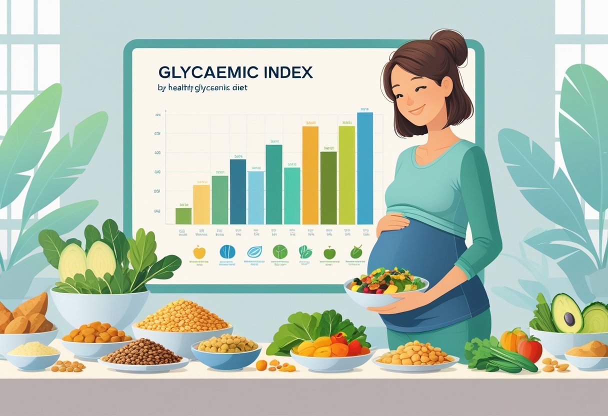 A pregnant woman standing next to a table displaying various healthy foods categorized by their glycaemic index, with low and high glycaemic index foods shown separately.